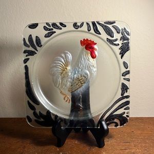 Gorgeous Painted Glass Rooster Plate w/Adjustable Hinged Wood Plate Stand
